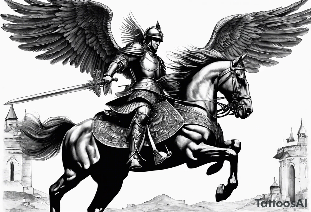 **Main Theme**: A Hussar on horseback in full armor, dynamically portrayed in the middle of a charge. The Hussar's wings are clearly visible, adding dynamics to the composition.
   - Archangel Michael positioned in the background, with a raised sword ready for battle, armed with a shield.
   - The Hussar is holding a banner showcasing the White Eagle.
   - Elements of the Arch tattoo idea