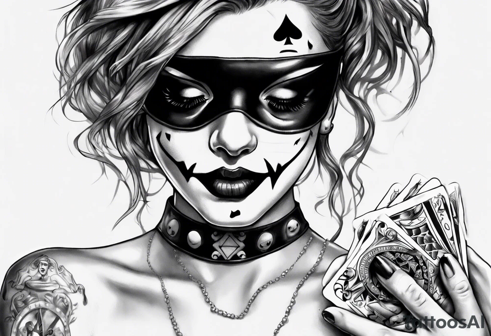 Blindfold girl with card joker tattoo idea