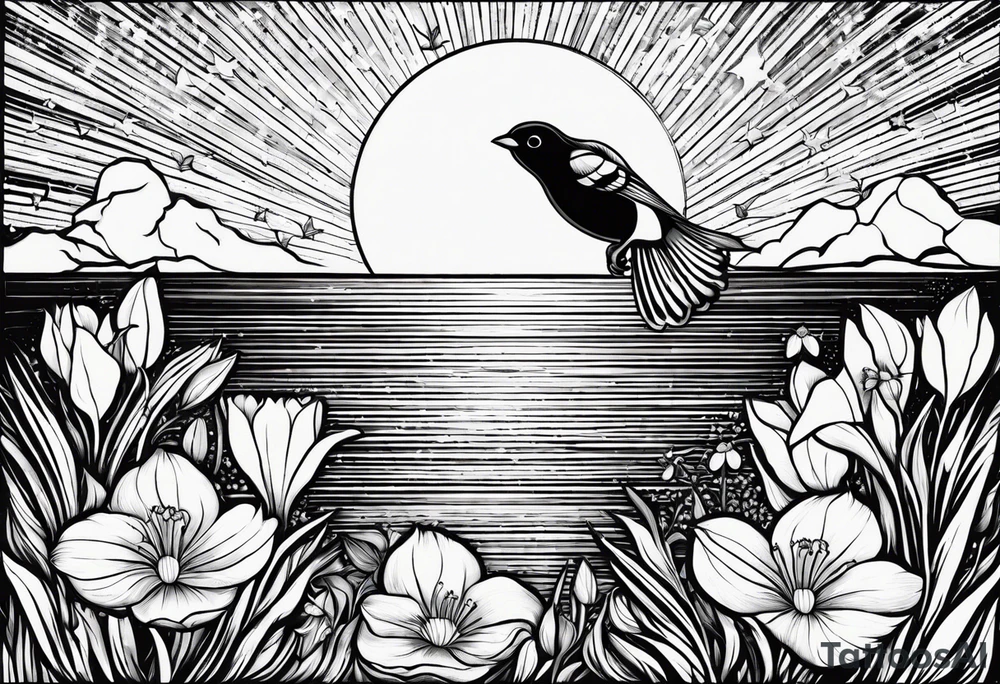 AUM symbol, flying 
sparrow, sunrays, staircase, cosmos, iris, daisy tattoo idea