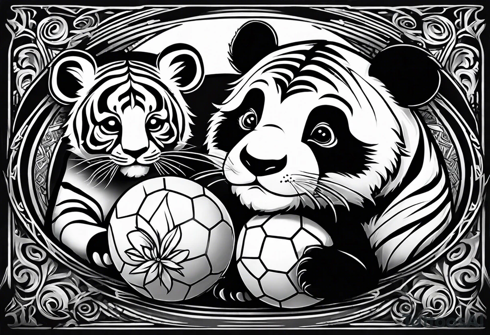 Baby panda and baby tiger passing a ball tattoo idea