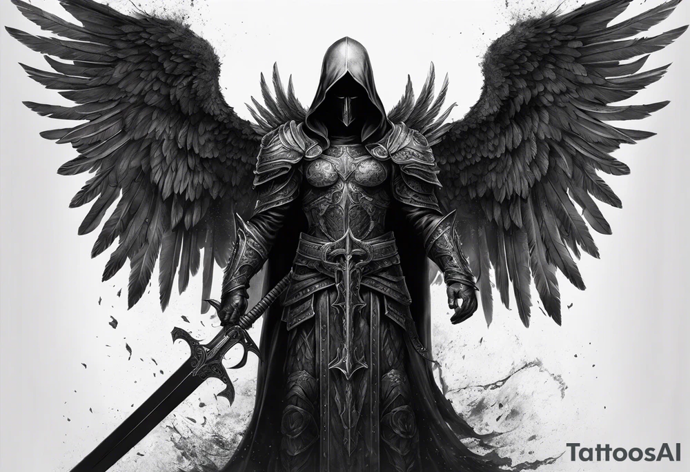 realistic full body of black angel of death, no face, face is not visible, with wings holding only one sword in both hands, the sword is held edge toward the ground tattoo idea