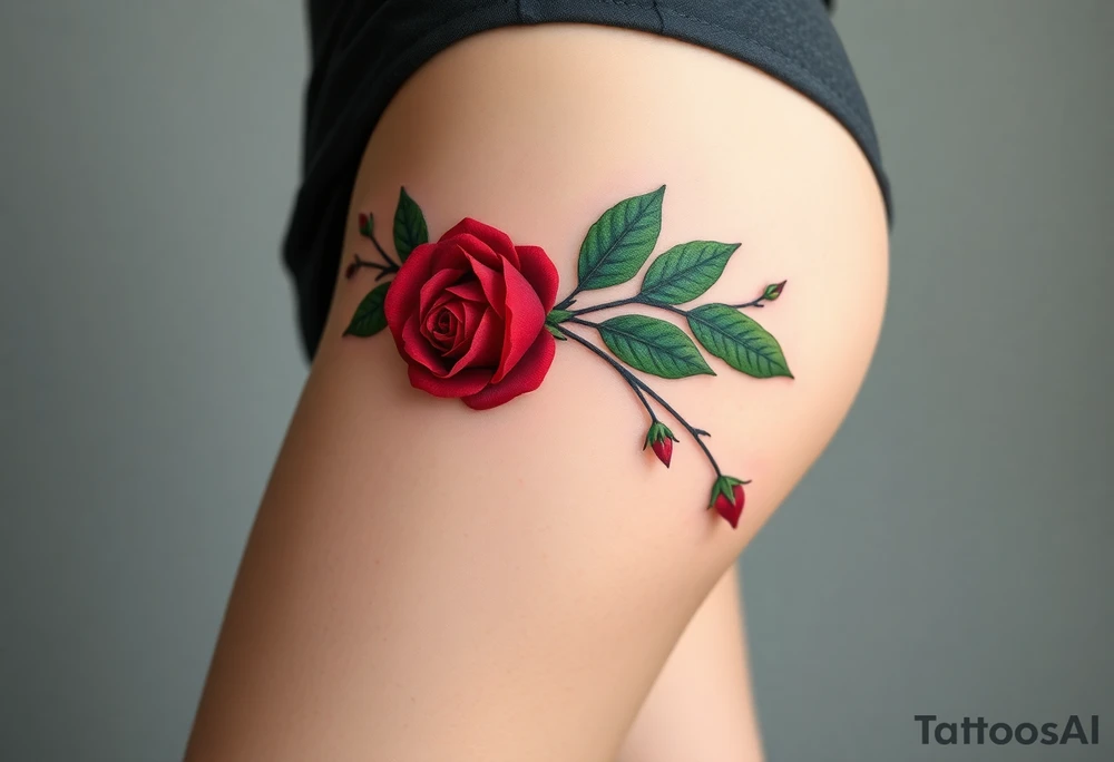 A romantic red rose garter tattoo with delicate thorn details with deep green leaves for contrast tattoo idea