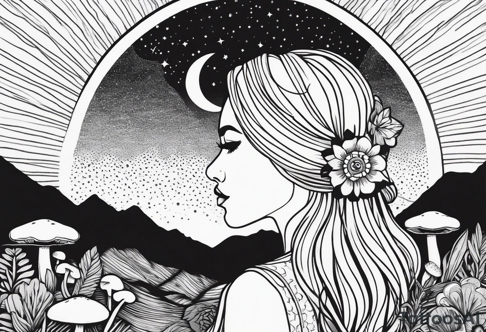Straight blonde hair girl facing away toward mountains surrounded by mushrooms crescent moon mandala circular design black and white striped dress "8" braided into hair tattoo idea