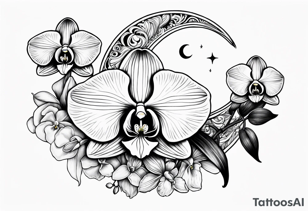 Orchid and crescent moon with Bohemian design tattoo idea