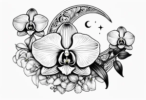 Orchid and crescent moon with Bohemian design tattoo idea