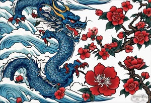 Japanese floral cherry blossom and irezumi back ground in blue porcelain China filler for a green traditional Chinese dragon and great waves and red rose and blue butterfly tattoo tattoo idea