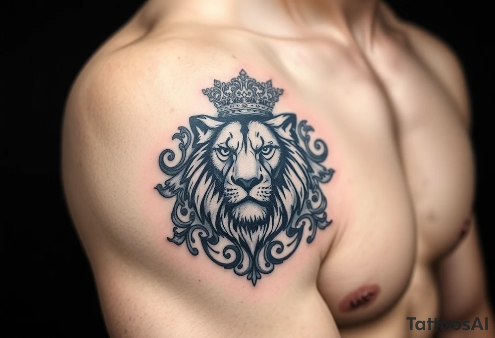 majestic lion wearing ornate crown, surrounded by baroque flourishes tattoo idea