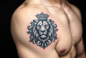 majestic lion wearing ornate crown, surrounded by baroque flourishes tattoo idea
