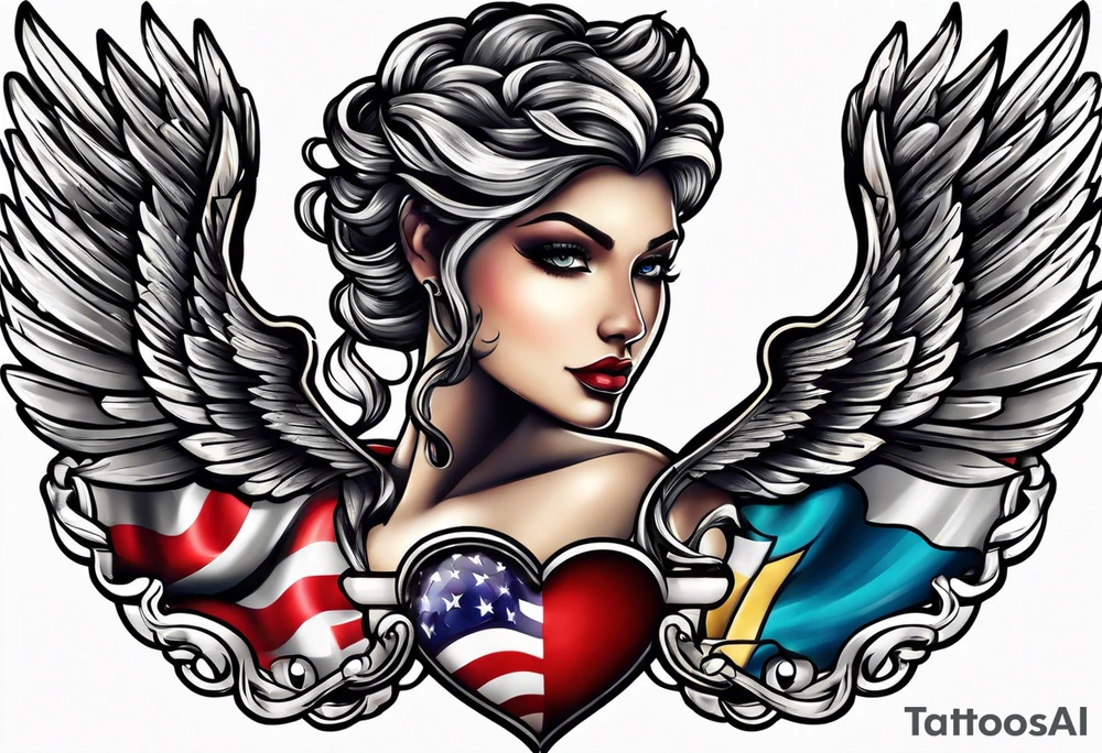 Flag inside of a heart with wings tattoo idea