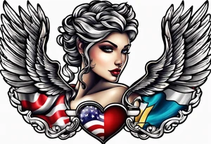 Flag inside of a heart with wings tattoo idea