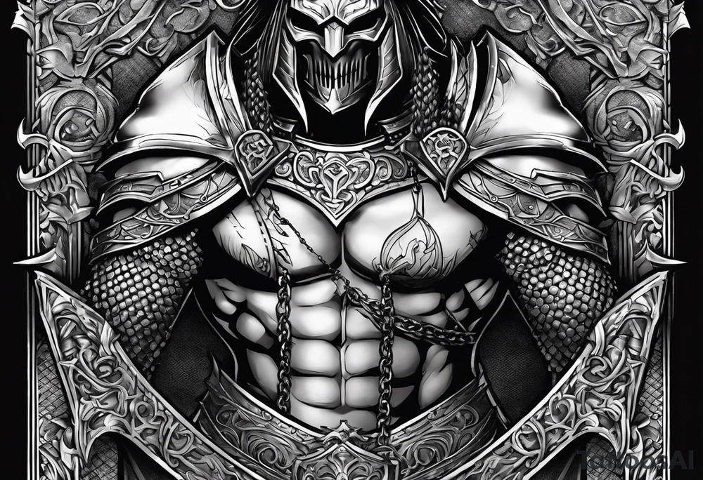 Upper arm, pectoral and back armor, demons crawling up bottom of the chest me back plates with heaven and cross on top of the armor plates, chainmail underneath arm plates tattoo idea