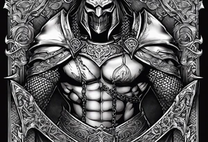 Upper arm, pectoral and back armor, demons crawling up bottom of the chest me back plates with heaven and cross on top of the armor plates, chainmail underneath arm plates tattoo idea