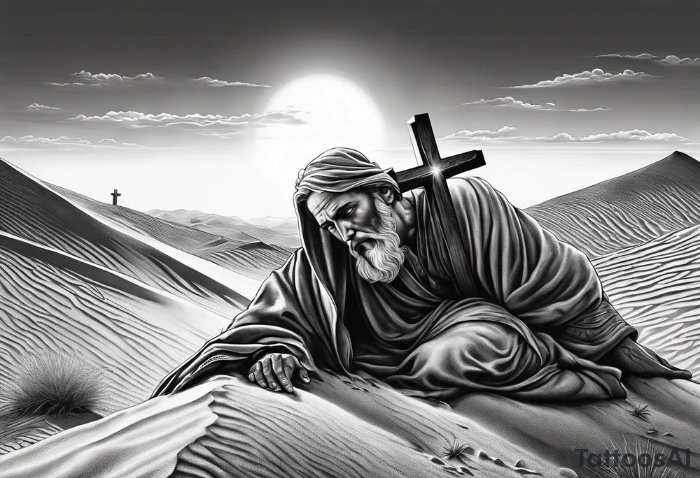 man crawling in a desert reaching to the cross of Christ tattoo idea