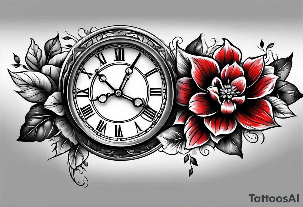 forearm sleeve, clock, flower tattoo idea