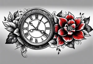 forearm sleeve, clock, flower tattoo idea