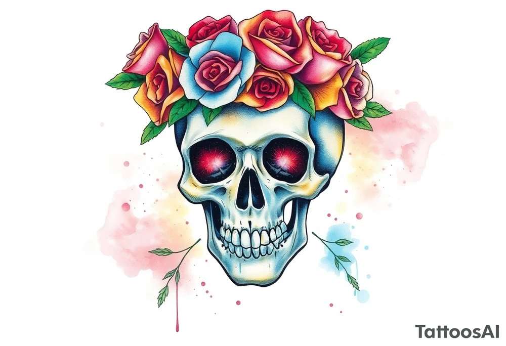 skull with crown of roses tattoo idea
