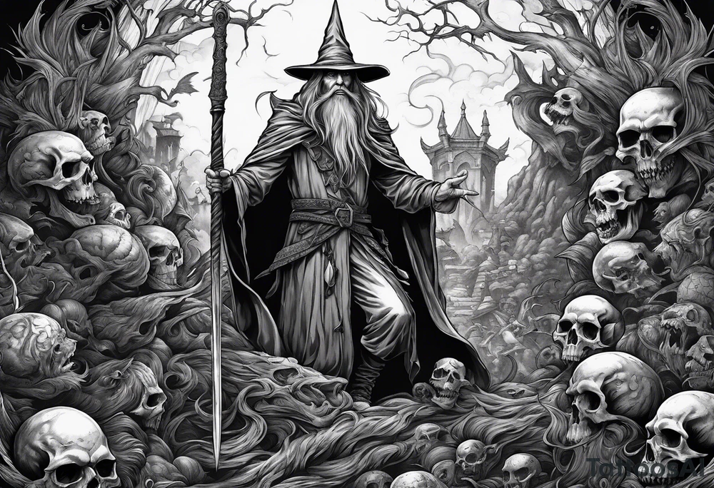 Wizard
with long sword on a pile of dead demons tattoo idea Wizard
with long sword on a pile of dead demons tattoo idea