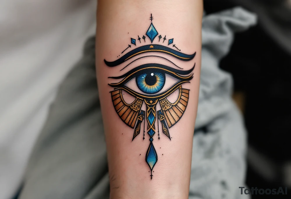 A blue and bronze Eye of Horus, detailed with ancient lines, placed on the forearm for protection and healing. tattoo idea