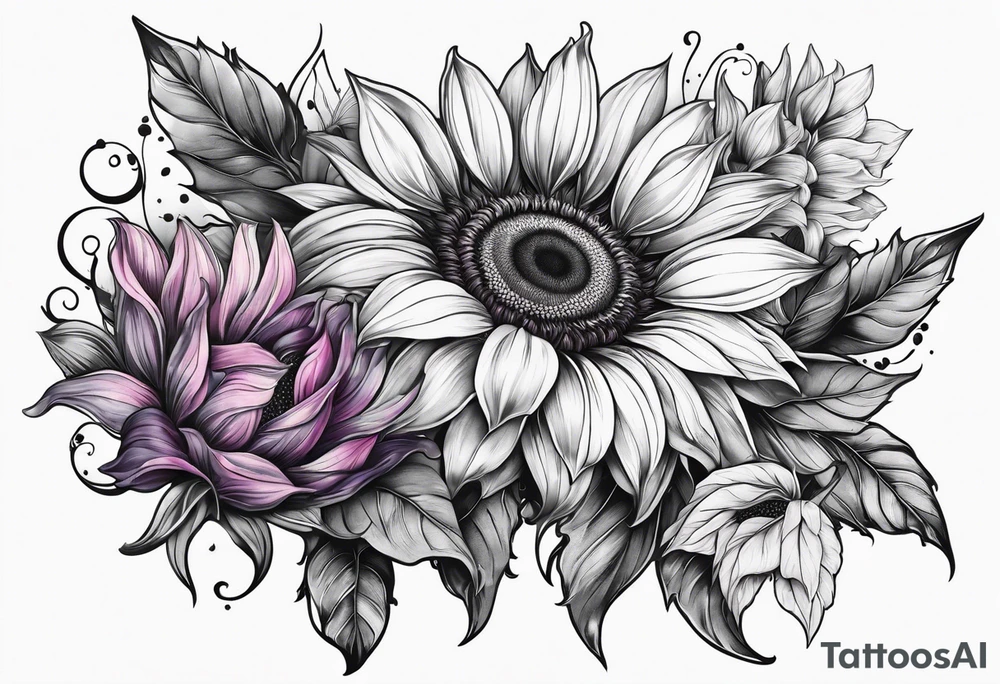 Teal, pink and purple sunflower sleeve tattoo idea