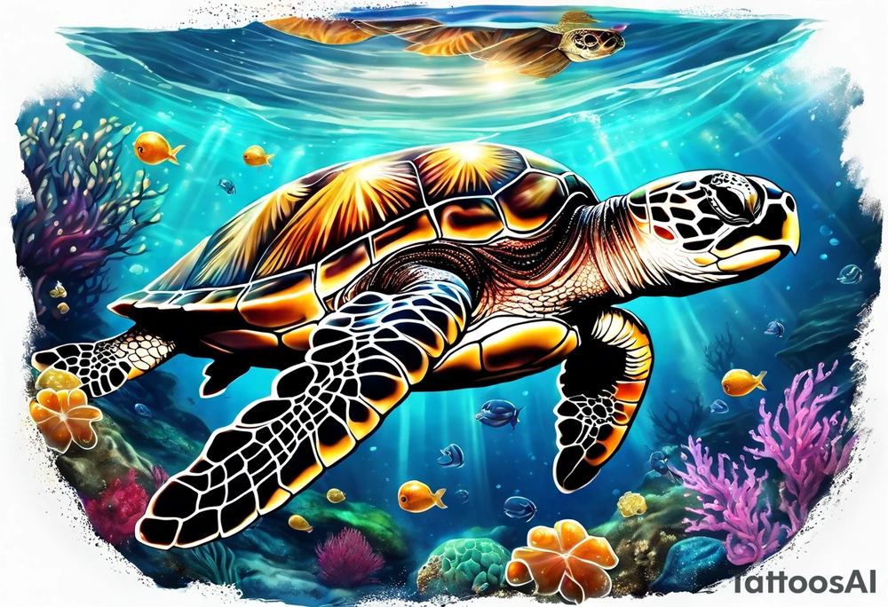sea turtle swimming with jelly fish and among star fish tattoo idea