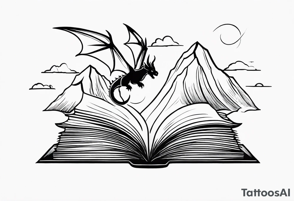 A large open book fluttering pages. a tiny dragon with four legs flying in the sky. three mountains coming out of the book tattoo idea