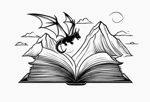 A large open book fluttering pages. a tiny dragon with four legs flying in the sky. three mountains coming out of the book tattoo idea
