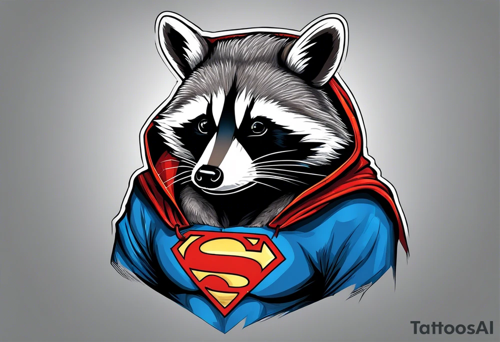 raccoon wearing a Superman hoodie tattoo idea
