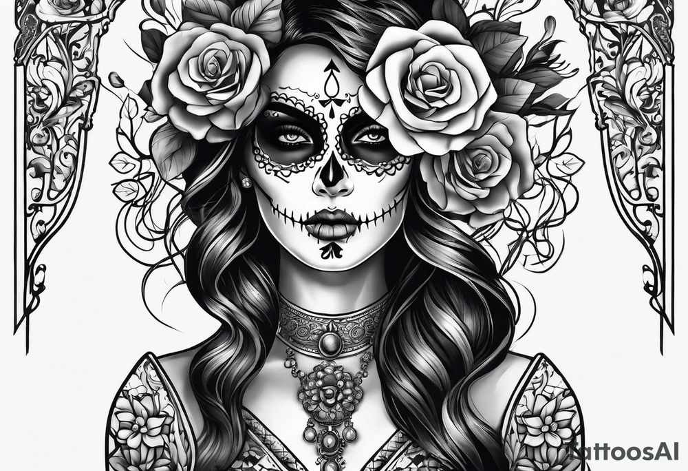 ghost, woman's face, day of the dead, zoomed out tattoo idea