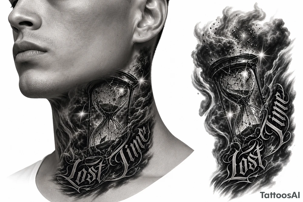 Black and grey realism tattoo design of a cracked, shattered hourglass centered in dark heavy clouds. Sand and dark smoke floating upward out of the glass. Custom gothic script lettering that says "Lost Time" wrapped around the base. Chicano style shading, deep blackwork background, sharp 4-point sparkle stars, high contrast, clean white background, tattoo stencil style. Put on the throat not the back of neck put “Lost Time” like on the side on neck but still connected tattoo idea