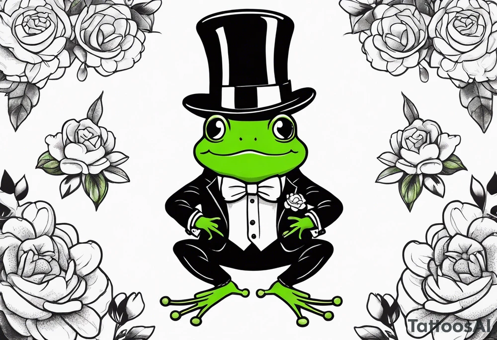 Cute Frog smiling wearing top hat and a suit standing on its Back legs while holding flowers tattoo idea