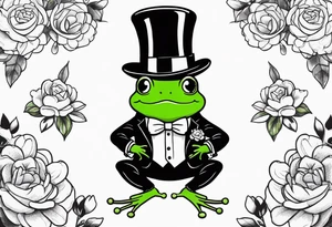 Cute Frog smiling wearing top hat and a suit standing on its Back legs while holding flowers tattoo idea