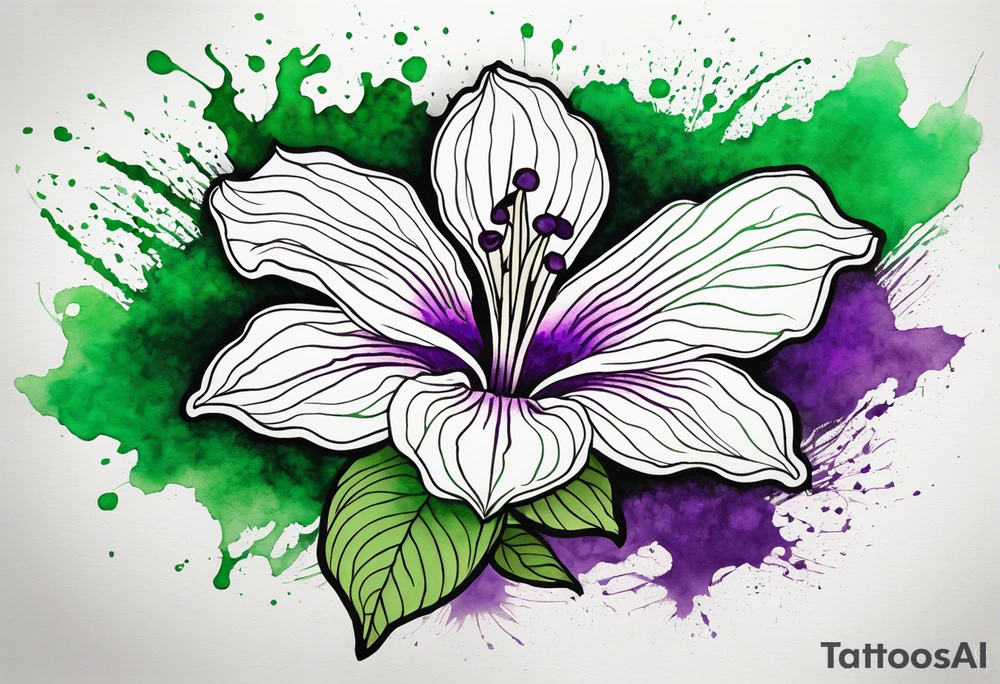 An outline of a rio dipladenia flower with a mystical green/purple watercolor splash in the background tattoo idea