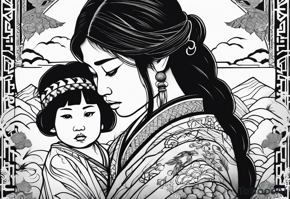 Sad little native girl with father spirit holding her tattoo idea