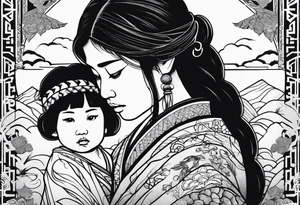 Sad little native girl with father spirit holding her tattoo idea