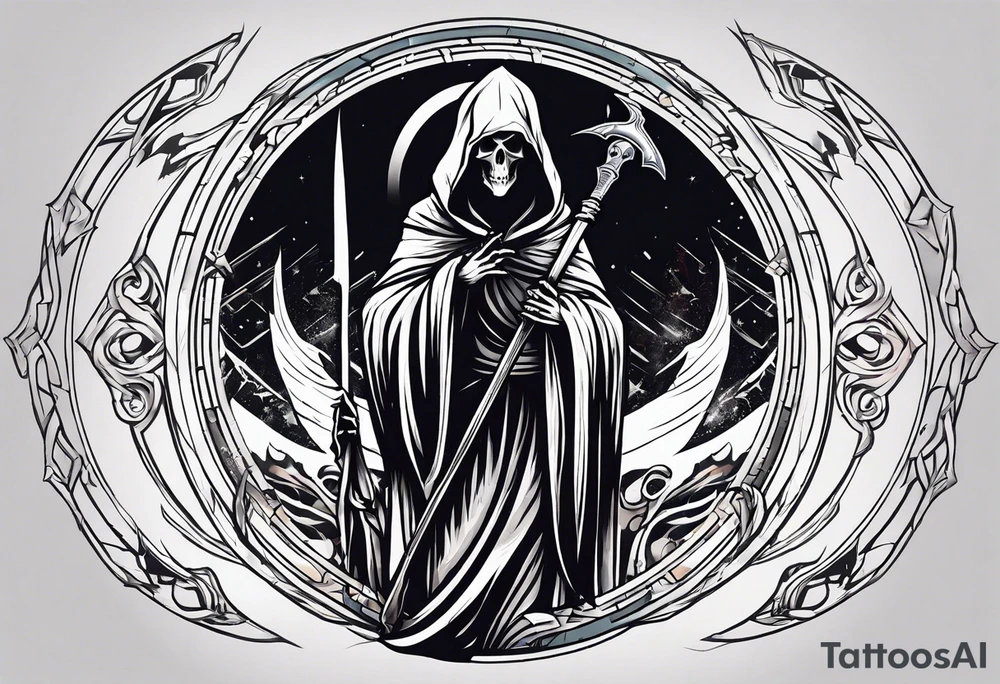 A full body grim reaper with his hood completely off, a halo above his head. tattoo idea