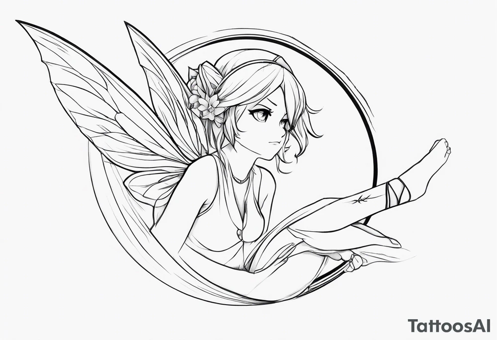 No color sketch of a fairy with a tail inspired by the guild symbol in the anime show called Fairy Tail in a fetal position leaning forward while crawled in and her body is an angle while floating in the air with big wings tattoo idea