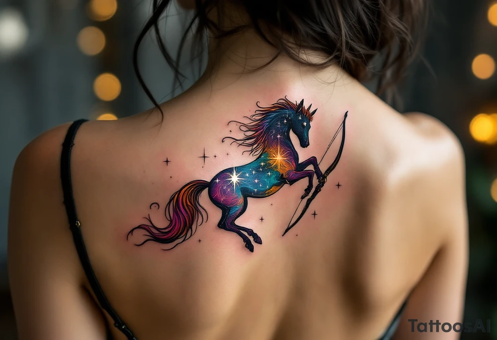 A half-human, half-horse centaur silhouette holding a bow, with the Sagittarius stars in metallic white across the chest. tattoo idea