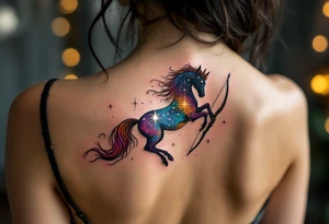 A half-human, half-horse centaur silhouette holding a bow, with the Sagittarius stars in metallic white across the chest. tattoo idea