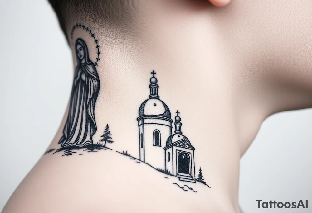 russian design traditional virgin mary stood beside the entrance of a russian orthodox dome church on the side of the neck in a wilderness setting with the design spread out the side of the neck tattoo idea