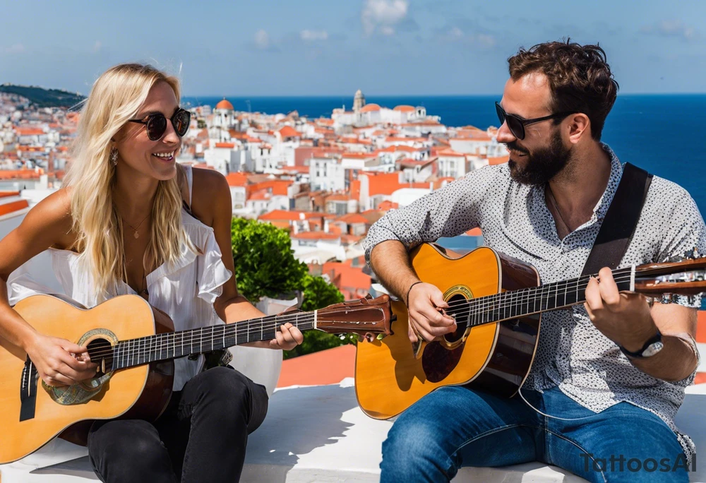 i know the beaches and the touristic district is very pretty, but actually, what I remember the most is playing some raggae music on the rooftop of the airbnb where I was staying at with the hosts. one was a tall skinny blonde dutch guy and the other was a stocky short greek guy. how would you be able to integrate that? I played the acoustic guitar tattoo idea