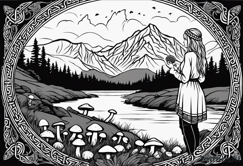Whole picture encircled fully

Straight long blonde hair hippie girl in distance holding mushrooms in hand facing away toward mountains and creek surrounded by mushrooms long sleeve shirt and hiking pants; whole rendering within a full celtic circle border, no cut off circle tattoo idea
