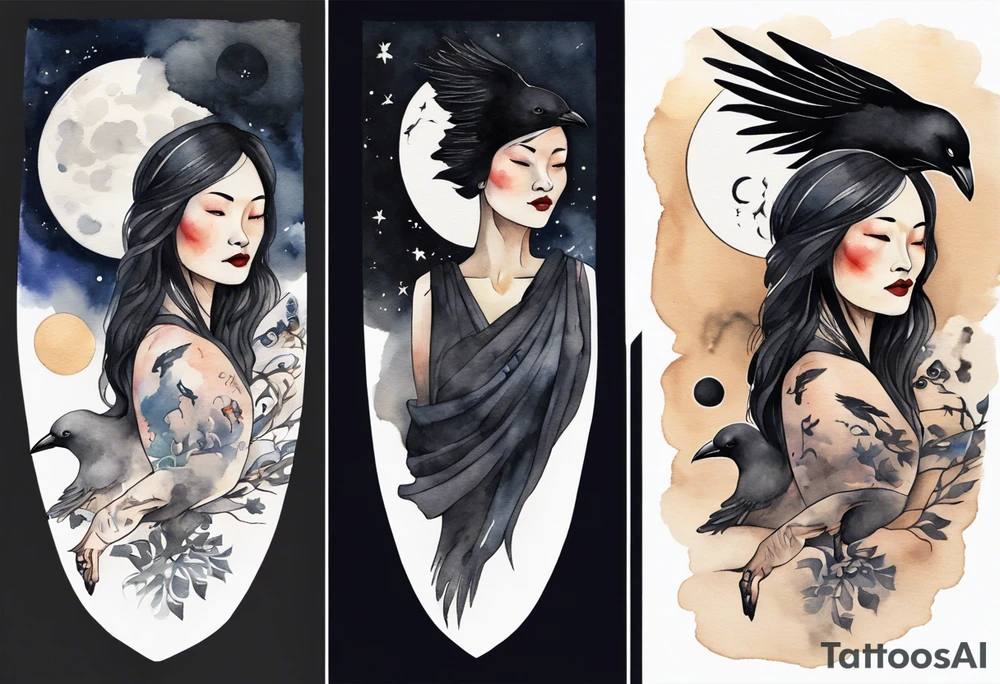 a beautiful 55 year old Dakota woman wearing a black tunic, floating in the night sky, a raven on her shoulder tattoo idea