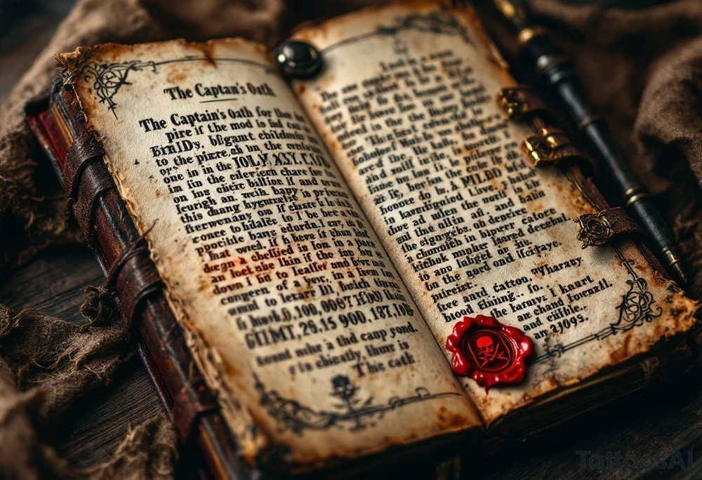 The Captain’s Oath – A leather-bound, salt-stained book, opened to a page covered in inked pirate code, sealed with a blood-red wax stamp bearing a Jolly Roger. A weathered quill pen rests beside it, representing a pirate’s final words. tattoo idea