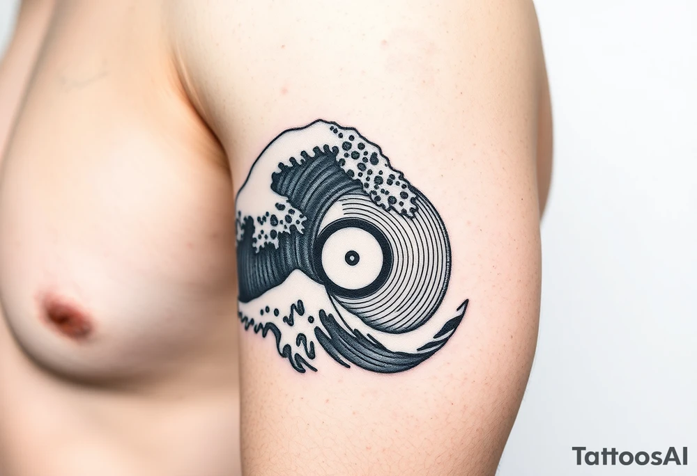 waves crashing into a vinyl record tattoo idea