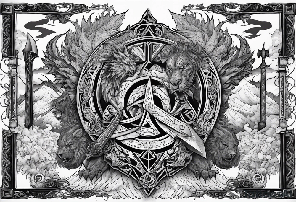 Valhalla sword shield  axe  dragon lion
Valknut  ruins tattoo idea