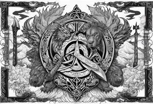 Valhalla sword shield  axe  dragon lion
Valknut  ruins tattoo idea