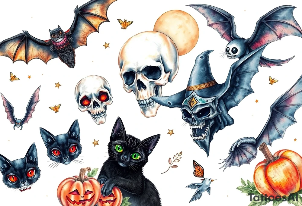Unique bats, ghost, skulls, black cats, witches, pumpkins, jack o laterna tattoo idea