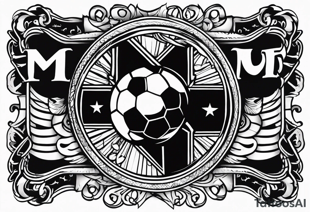MÉS QUE UN CLUB text with soccer ball and a cross christian theme simple forearm tattoo idea