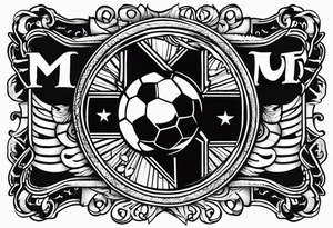 MÉS QUE UN CLUB text with soccer ball and a cross christian theme simple forearm tattoo idea