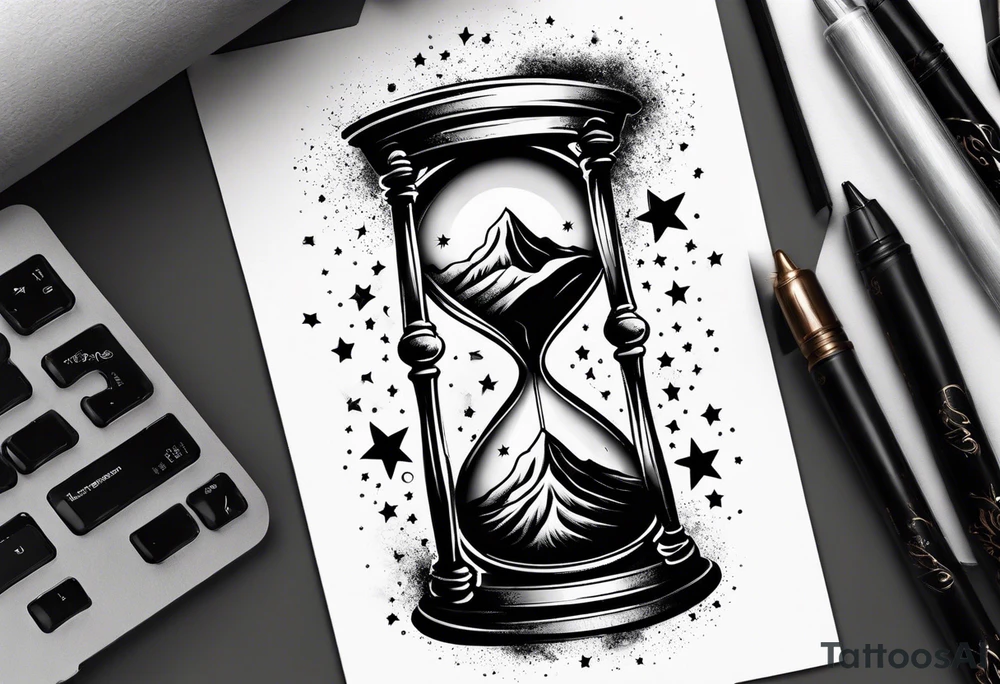 Hour glass with star stuff and cosmic dust exploding from each side. Long tattoo to fit on the forearm tattoo idea